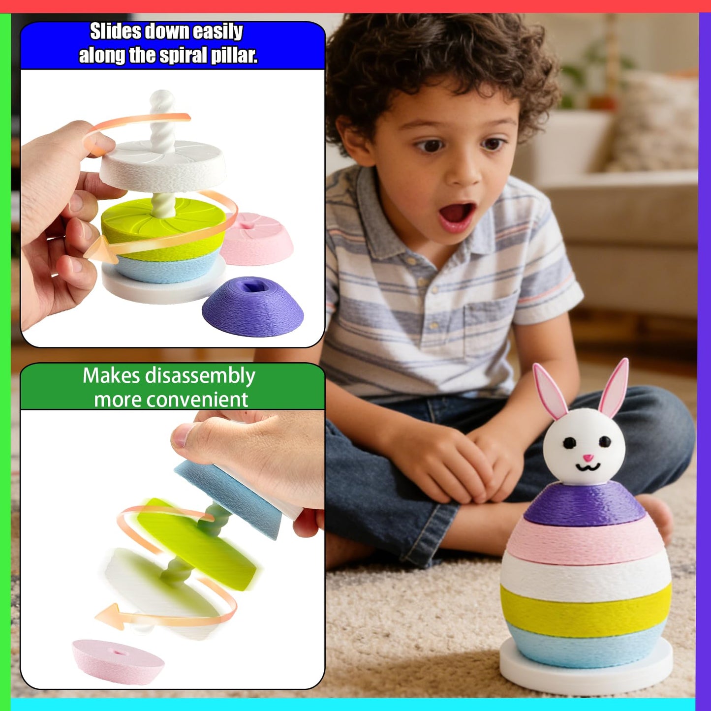 HQZBPT Spinning Stacking Toys Rainbow Rabbit Egg Montessori Sorting & Stacking Toys for Kids, Ages 6 Months to 3 Years