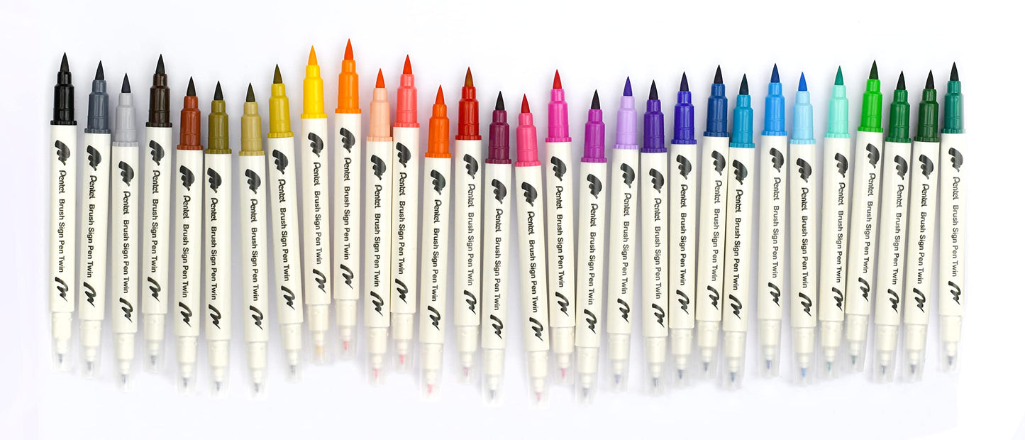 Pentel SESW30C-30 Brush Sign Pen Twin, 30 Colour Set, Fibre Tip Pens with Two Flexible Tips, Water-based Ink, Assorted, Pack of 30