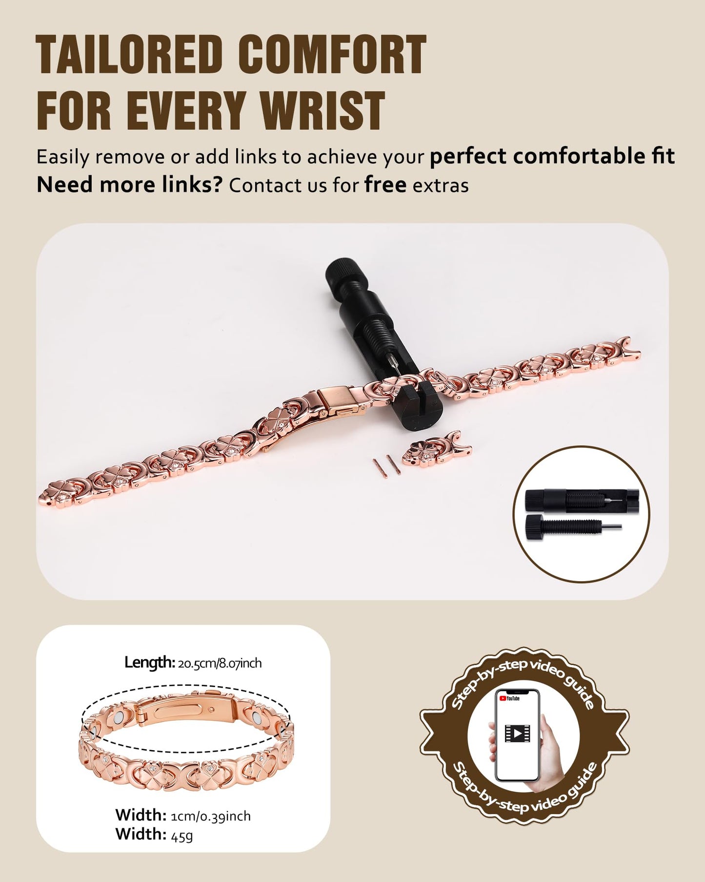 Jecanori Magnetic Copper Bracelet for Women — 3500 Gauss Magnets — Premium Fold-Over Clasp & Adjustable Length,Rose Gold