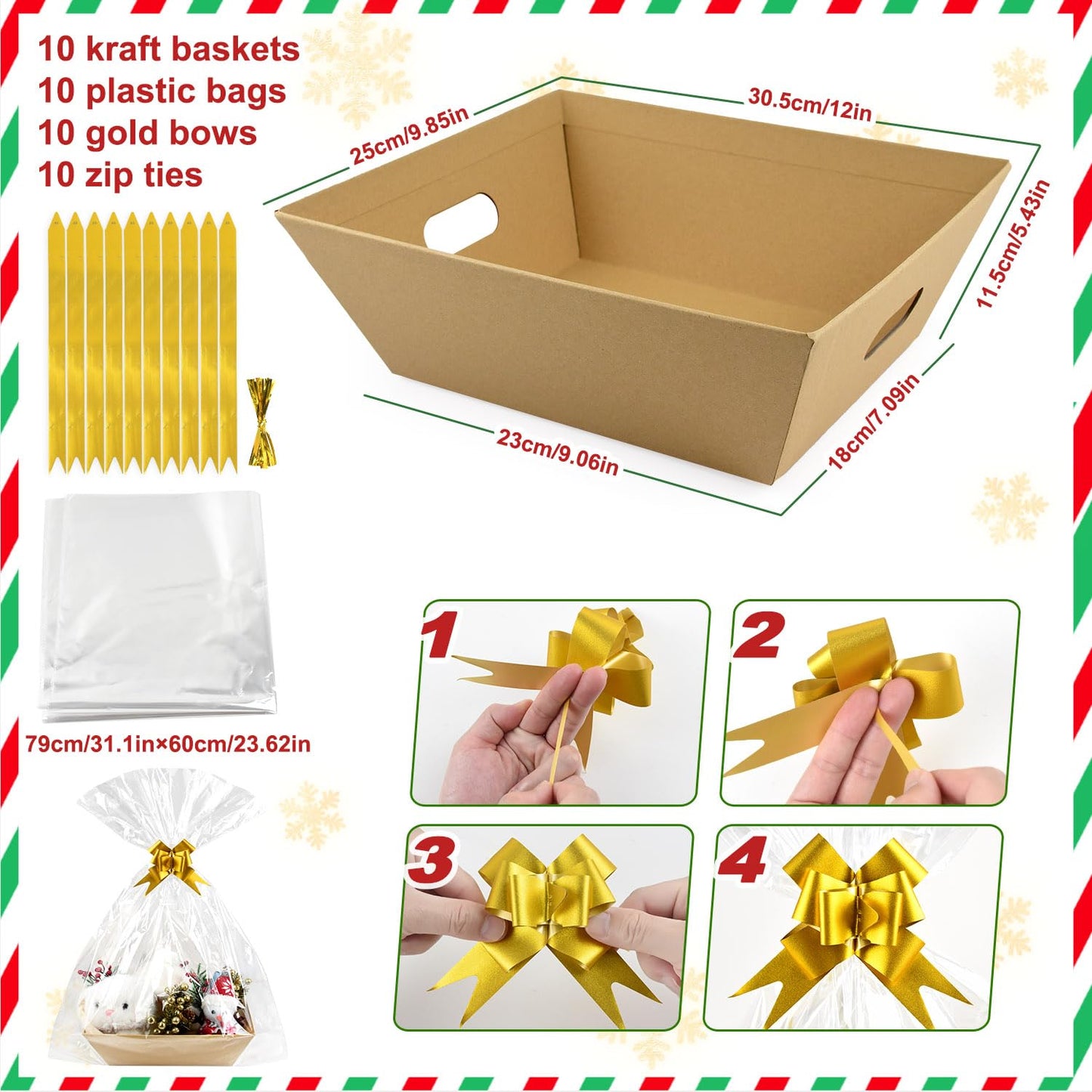 CDIVEFTN 10 Pack Empty Gift Baskets with Bags and Bows, Large Kraft Gift Basket 12x10in, Sturdy Gift Baskets Empty to Fill, Bulk Baskets for Gifts, Easter Basket, Christmas Gift Boxes Bulk (Kraft)