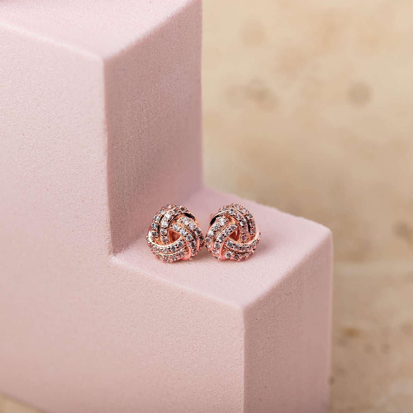 PAVOI 14K Rose Gold Plated 925 Sterling Silver Post Cubic Zirconia Love Knot Stud Earrings for Women - Classic Gold Stud Earrings
