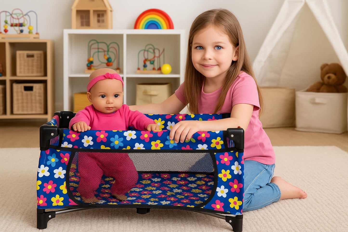 Baby Doll Crib Set, Toy Pack n Play Bassinet Blanket & Carry Bag for Baby Doll Playpen Fits up to 20" Doll | Allows for Easy Compact Folding for Storage Toy,