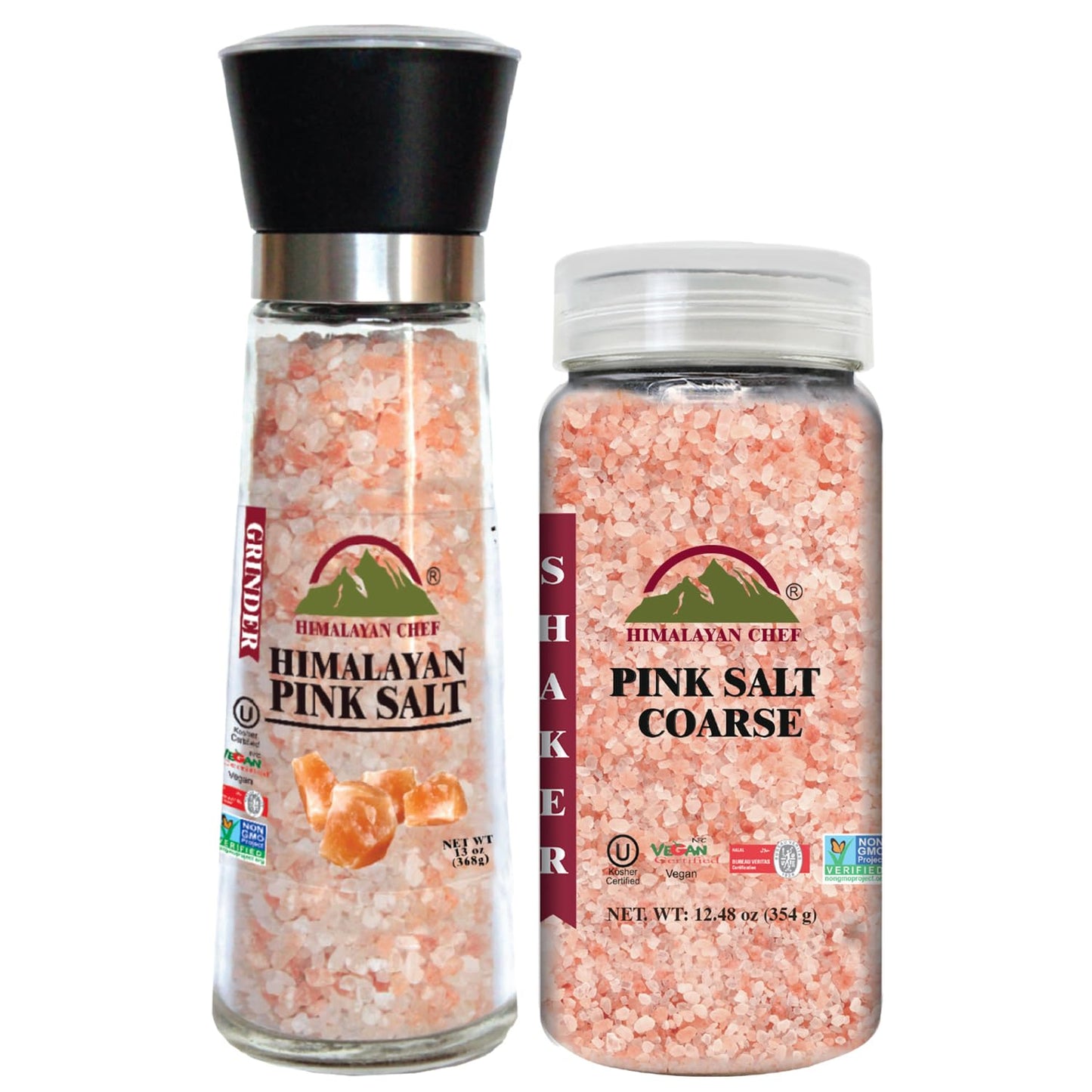 Himalayan Chef Himalayan Pink Salt Grinder & Pink Salt Shaker Refill Adjustable Grinder - Salt Mill and Salt Shaker | Set of 2