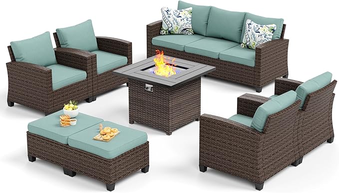 Patio Furniture Set Outdoor Furniture Brown Wicker Rattan Patio Conversation Sets with Cushion Outside Sofa Set,7 Pieces with Firepit Table,9 Seats,Blue