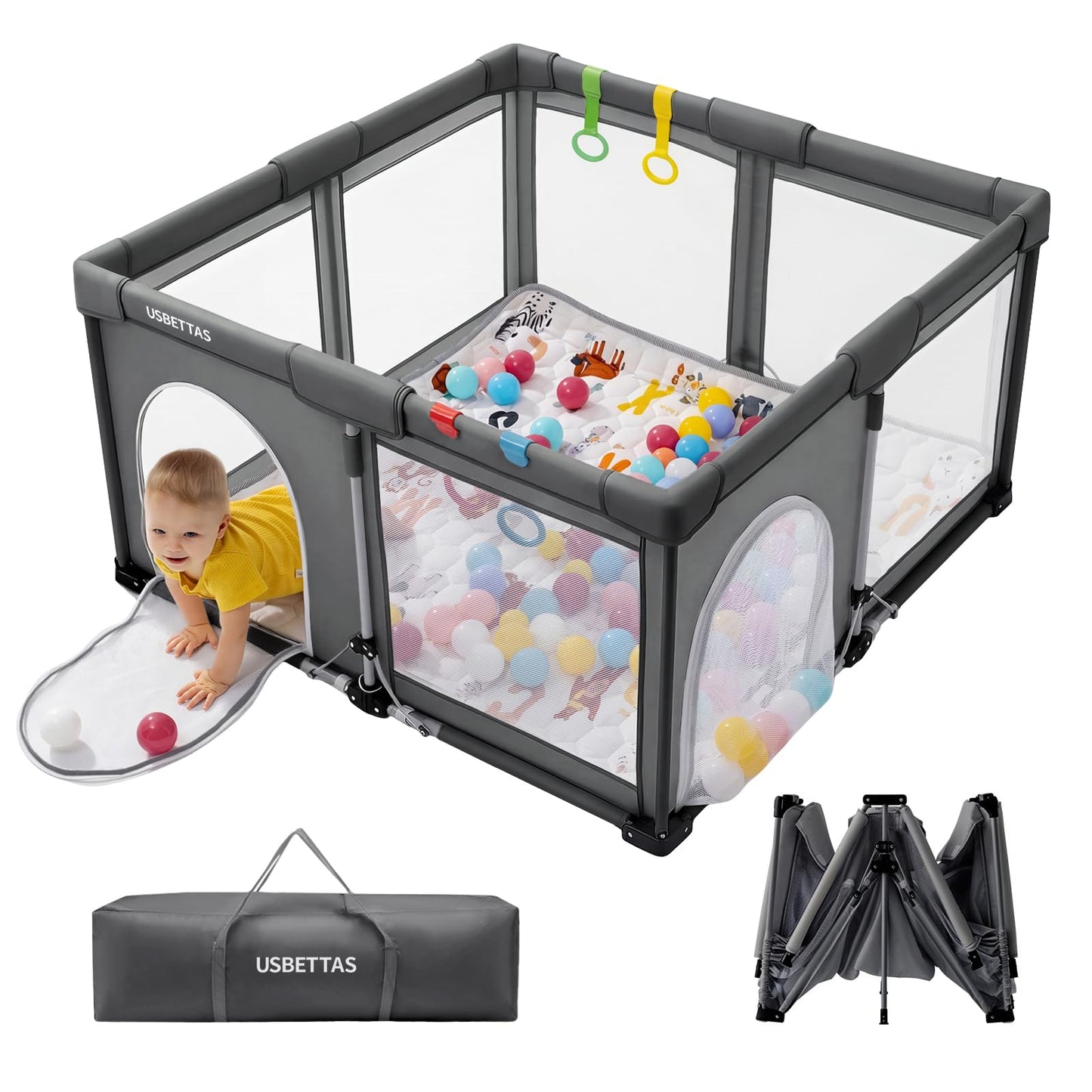 usbettas Foldable Baby Playpen, 1-Minute Setup, Lightweight Portable Playpen with Carry Bag, 50"x50" Indoor Outdoor Safty Play Yard for Babies & Toddlers, Dark Gray