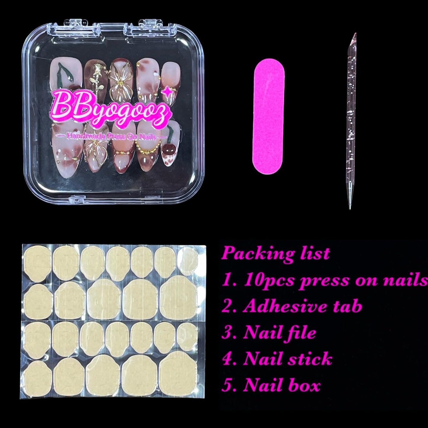 Handmade Press On Nails Medium Almond Elegant 3D Cherry & Gold Floral Accent False Nails | Nude Pink Base with Wine-Red Tips, Reusable Acrylic Fake Nails (Wine Cherry, M)