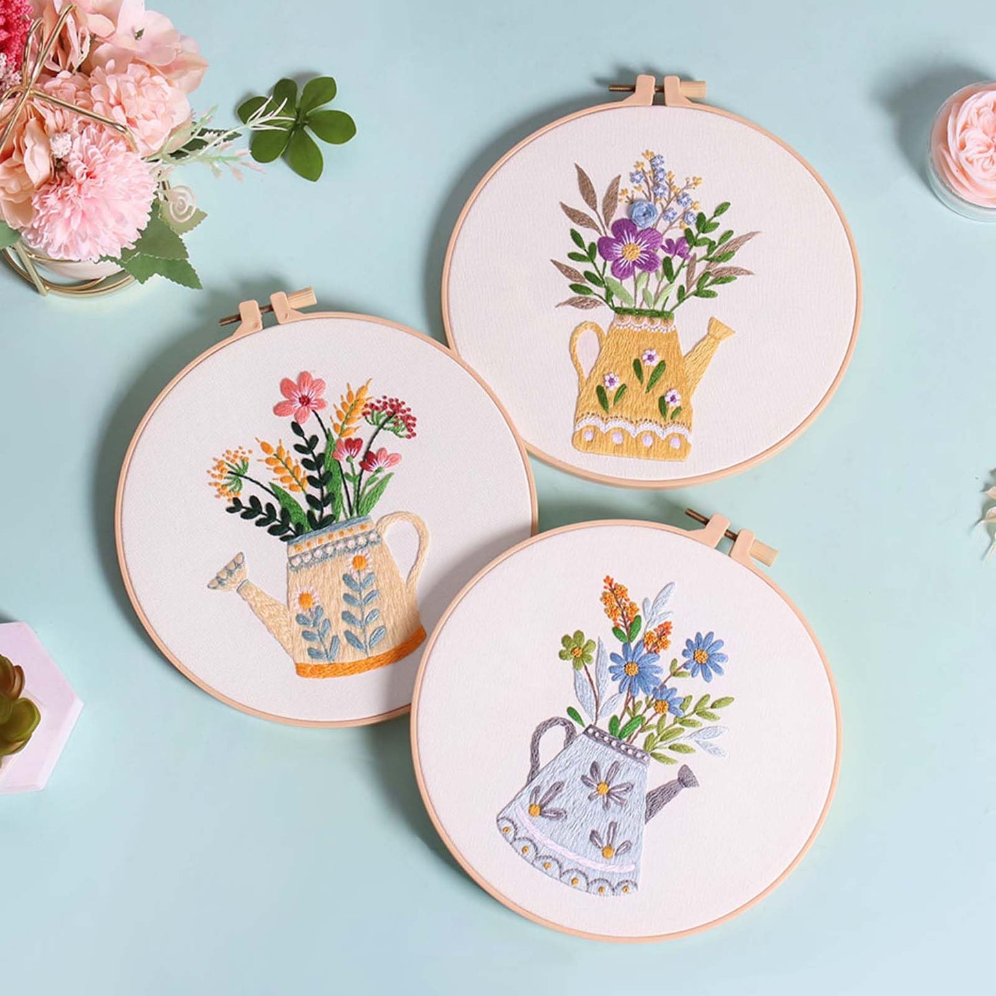GLTAYLMY 3pcs Embroidery Starter Kit with Vase Pattern, Stamped Cross Stitch Kits for Beginners Adults with Embroidery Hoop and Instructions, Hand Embroidery Kit