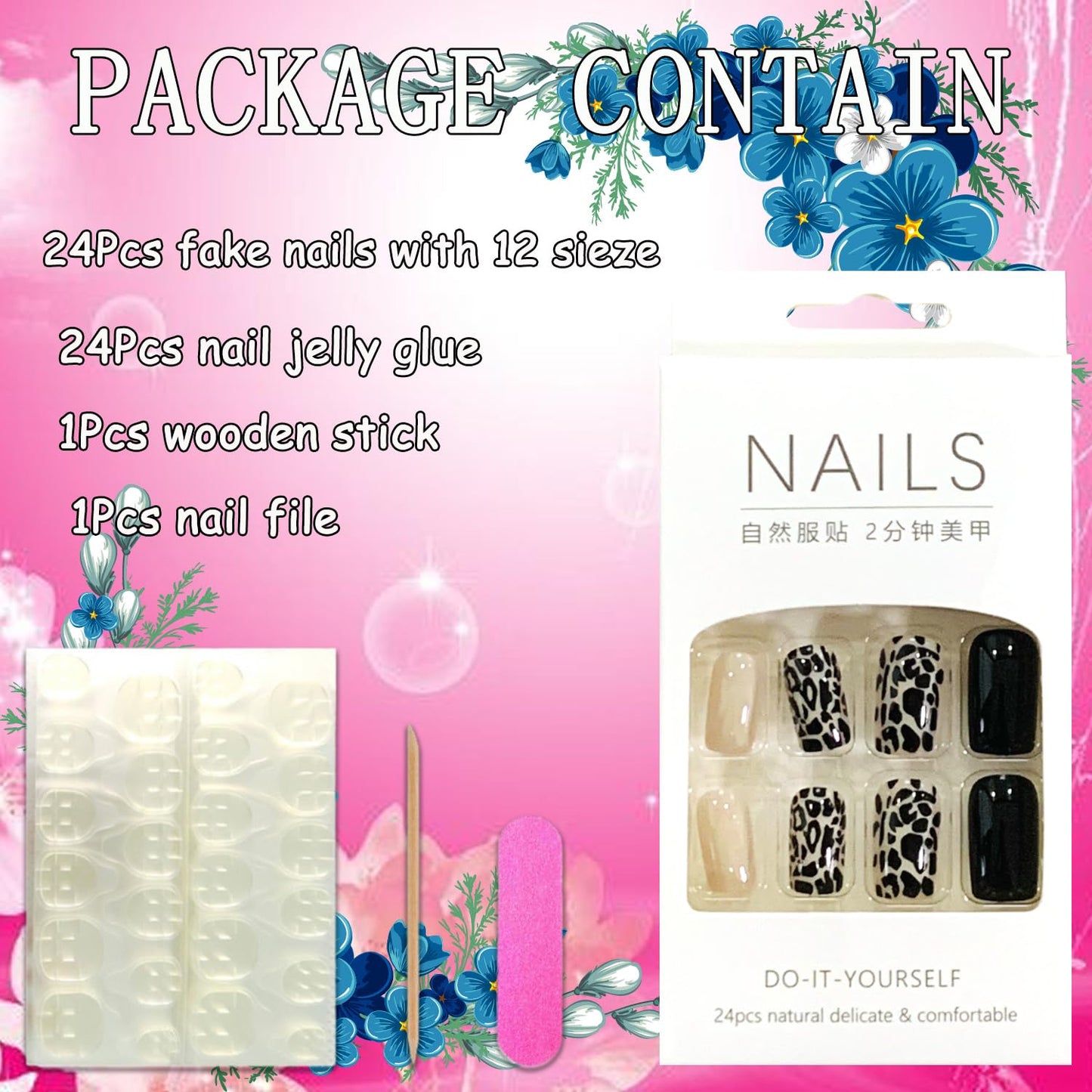 Press on Nails Square Medium Black 24Pcs Glossy Full Cover Artificial Fake Nails with Leopard Designs Reusable Coffin Acrylic False Nails Glue on Fingernails with Charm for Women Girls