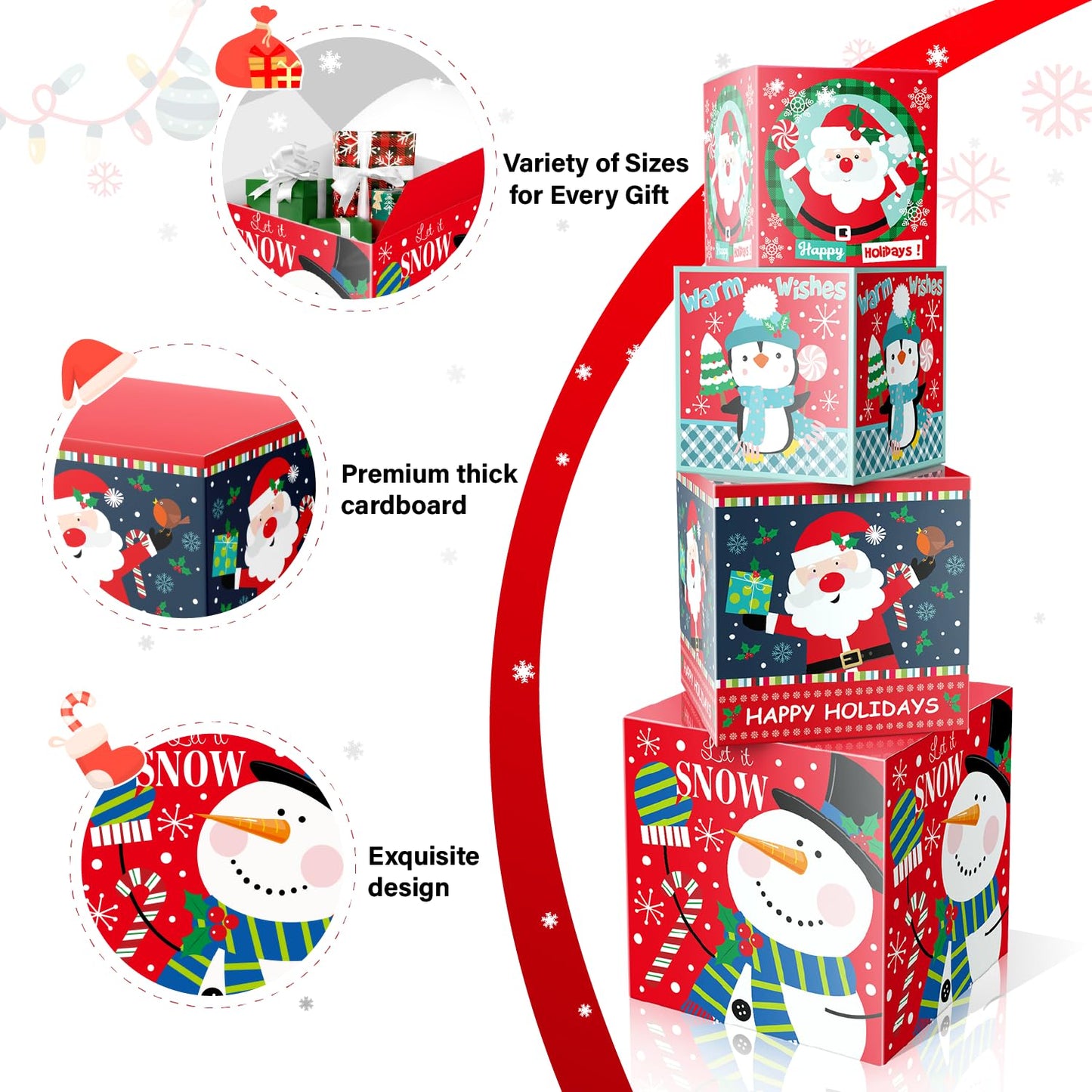 Linelglobal Christmas Gift Box with Lid - 4-Pack Stackable Square Decorative Box Set Assortment - Red