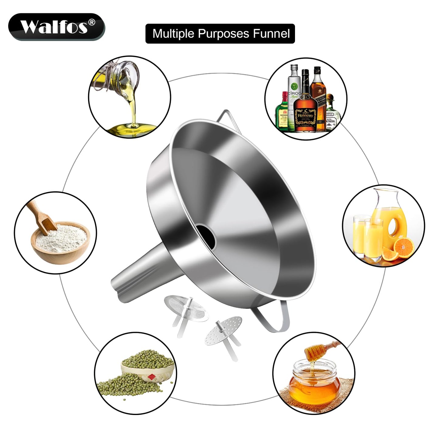Walfos Extra Large Stainless Steel Funnel with Venting Slot, Kitchen Funnel with 2 Removable Strainer ＆ 1Pc Cleaning Brush, Perfect for Transferring Liquid, Oils, Jam, Dry Ingredients (Jumbo, 7.9")