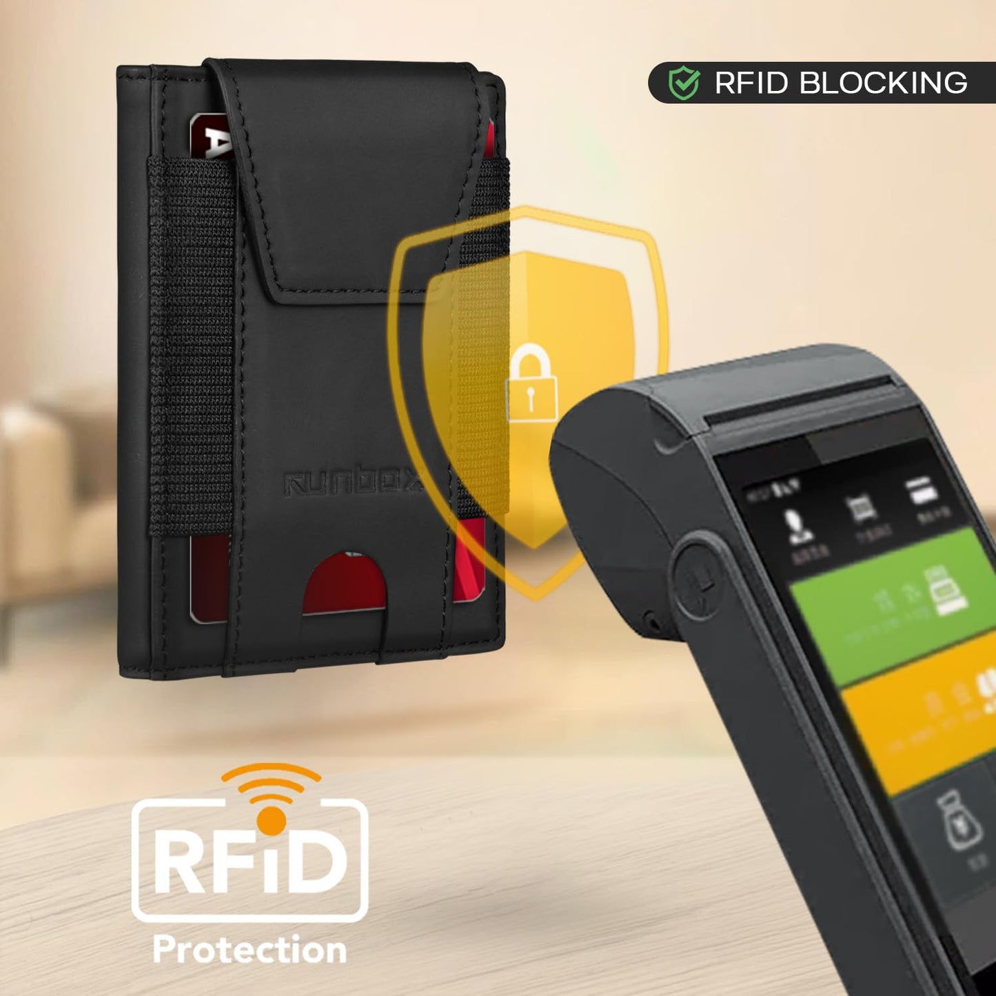 RUNBOX Slim Leather Wallet for Men With 2 ID Windows Holds 10-13 Cards Minimalist Front - Pocket RFID - Blocking Wallets Ideal Gift Choice