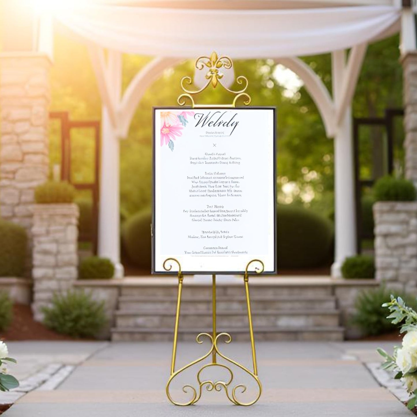 CaliDecor 60” H Gold Easel Stand for Sign, Large Adjustable Metal Display Standing for Displaying Pictures Wedding Poster Holder Showcasing with Chain Support