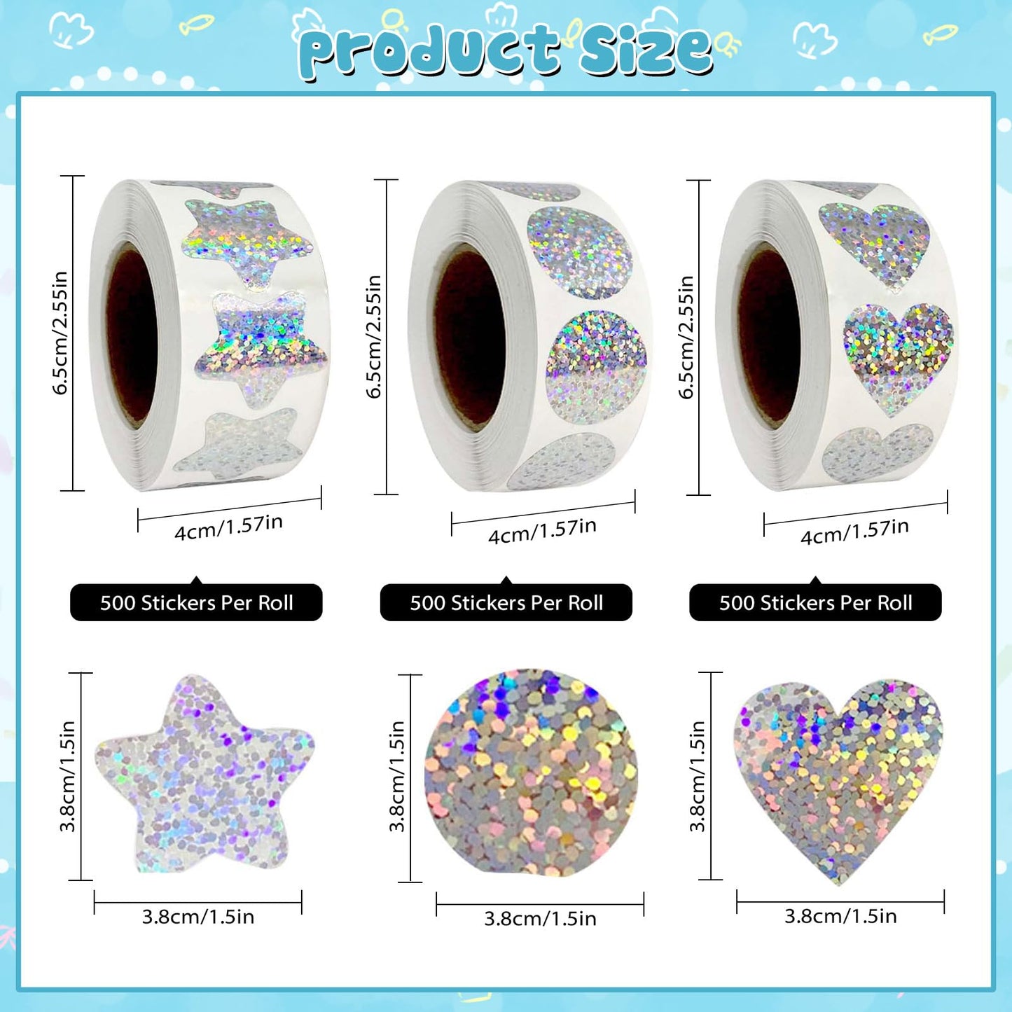 Valentine's Day Holographic Glitter Stickers Roll -1500 Pcs Star/Heart/Circle Shapes, Iridescent Self-Adhesive Decals for DIY Crafts, Scrapbooking, Laptop & Water Bottle Decor