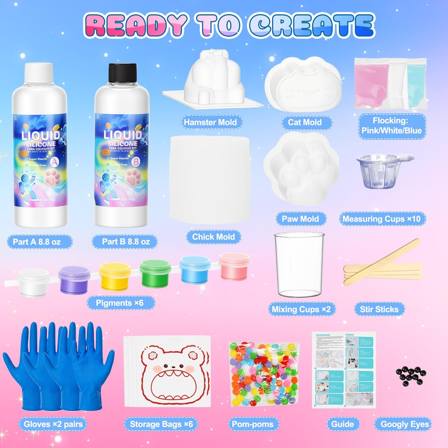 Taba Squishy Maker Kit – DIY Squishy Craft Kit, Silicone Mold Making Set with 18oz AB Silicone Gel, Giant Chick/Paw/Hamster/Cat Molds, Flocking Powder – Stress Relief Craft Gift for Adult