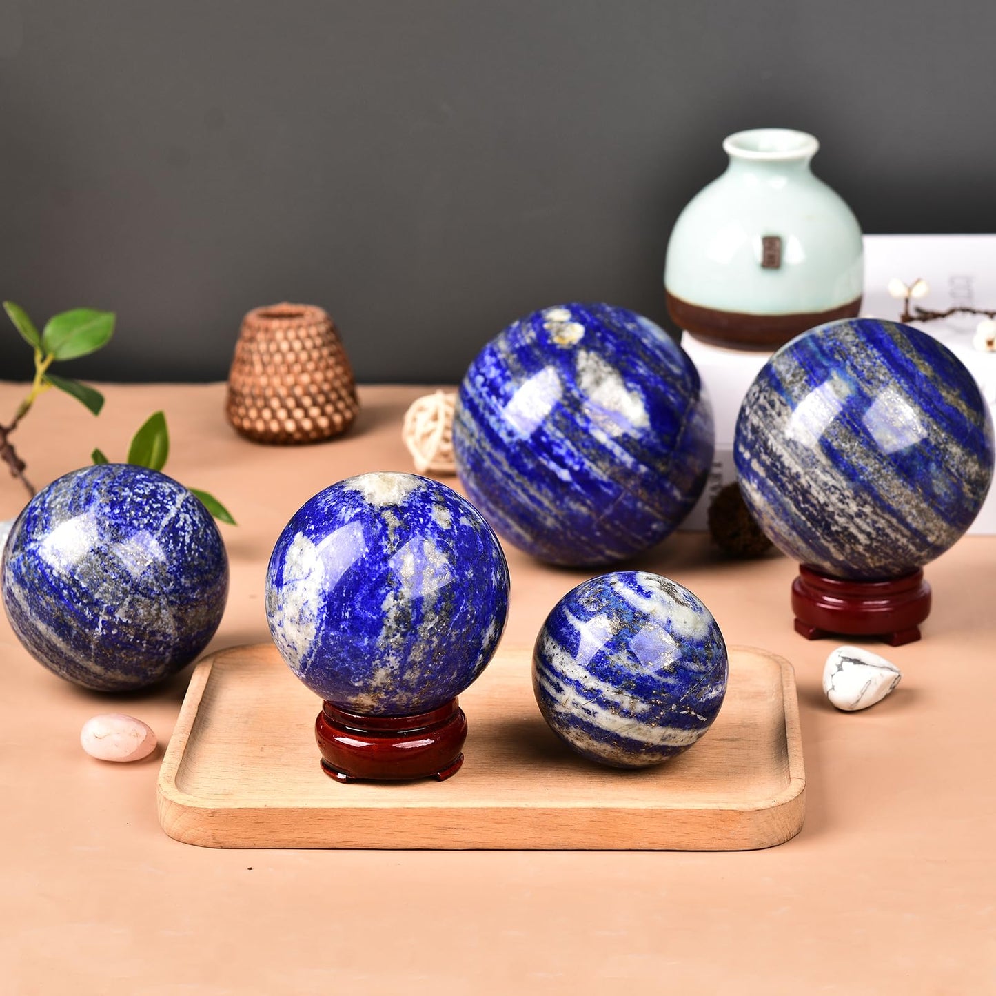 JIC Gem Lapis Lazuli Crystal Sphere with Wooden Stand,Decorative Crystal Ball Blues Gemstone Sphere for Meditation,Feng Shui,Witch-Style Decor,Office Table 70-80mm