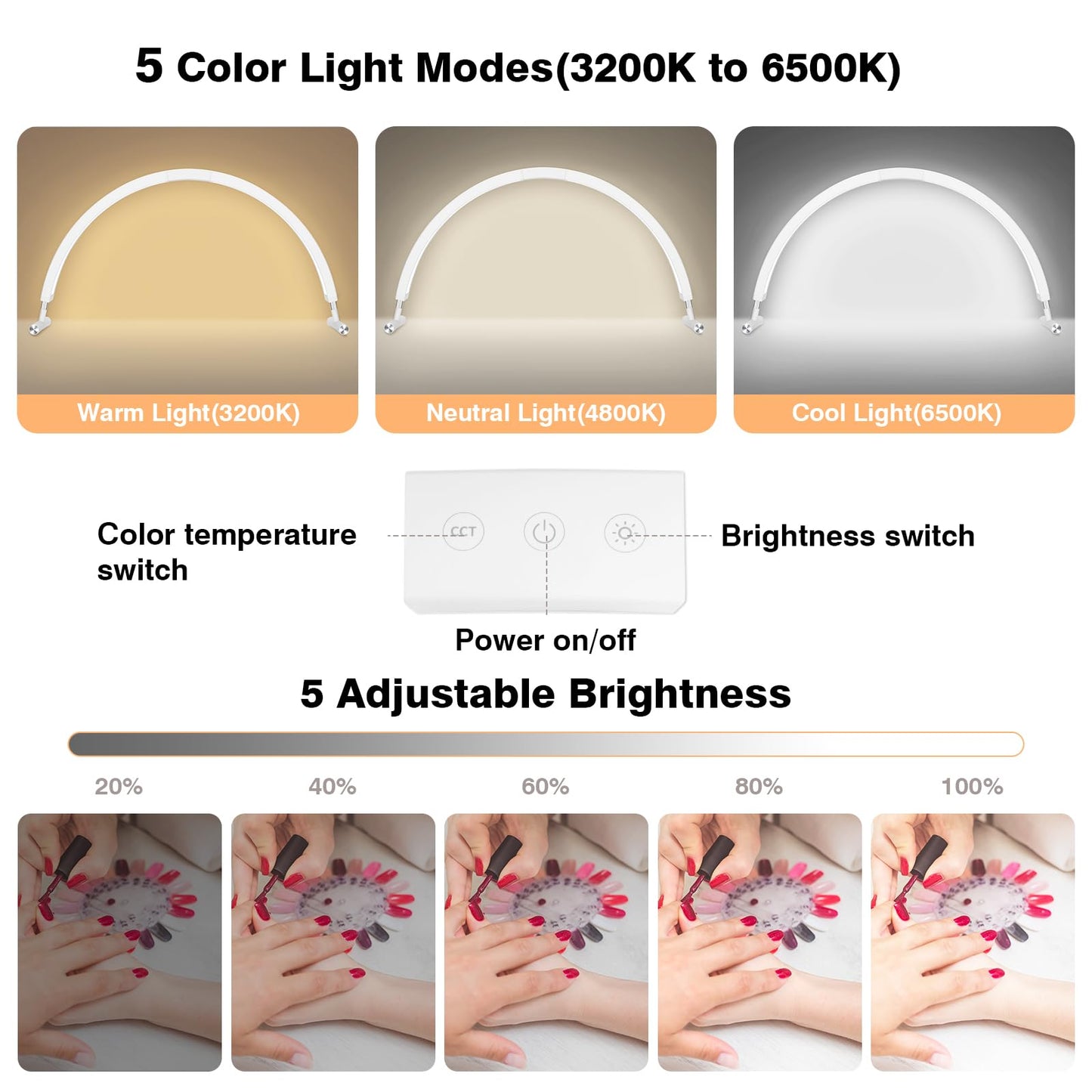 Mznoo Half Moon Light for Nail Desk, 30'' Large Half Moon Desk Lamp with Phone Holder, Professional Nail Tech Light with 3 Color Modes and 5 Brightness for Manicure Salon and Handicraft (White)