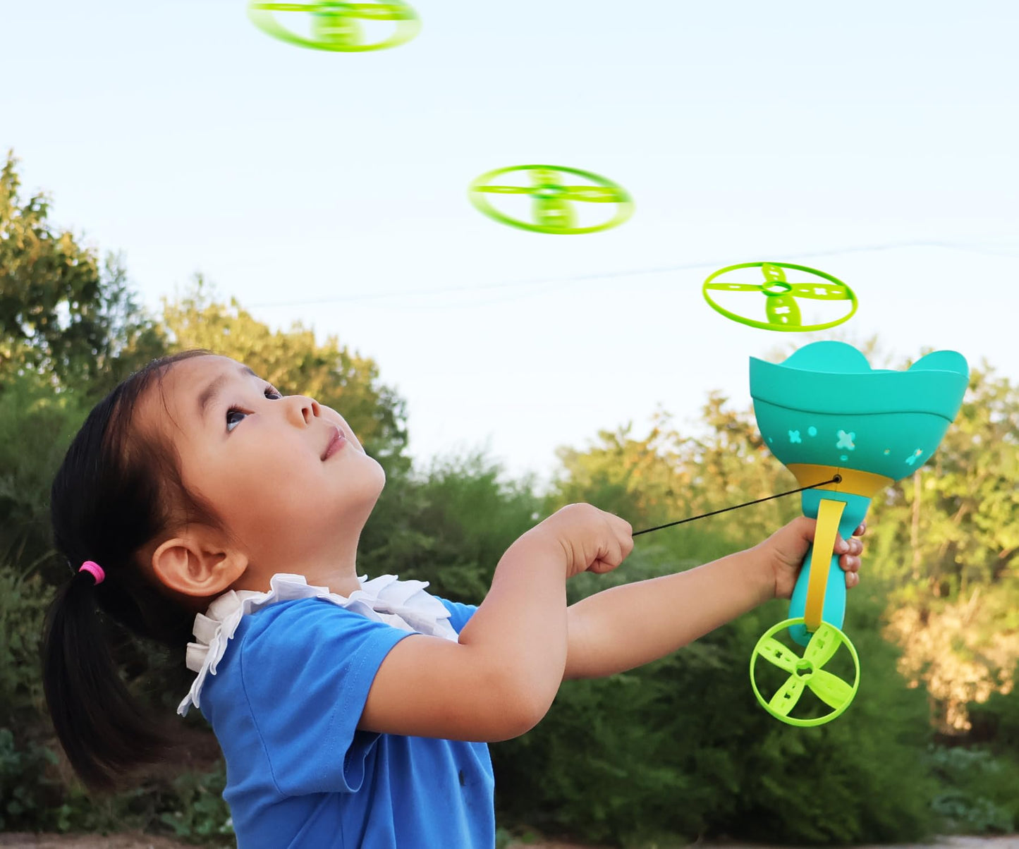 SUHEEUS Disc Launcher Toy Kids Yard Flying Spinner Fairy Hover Helicopter Propeller Toy Outdoor Capture Catching Chasing Game Gift for Boy Girl Age 4 5 6 7 8 9 10 with 12 mini Discs