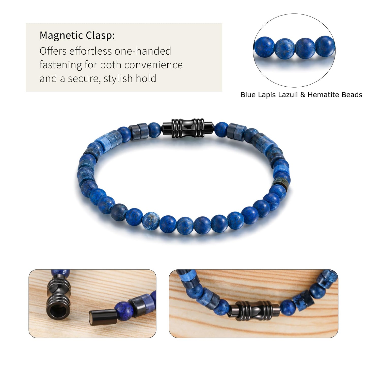 TRUMIUM Beaded Bracelets for Men Women Hematite 6mm Lapis Lazuli Mens Bracelet Gemstone Jewelry for Him 9 Inch Length