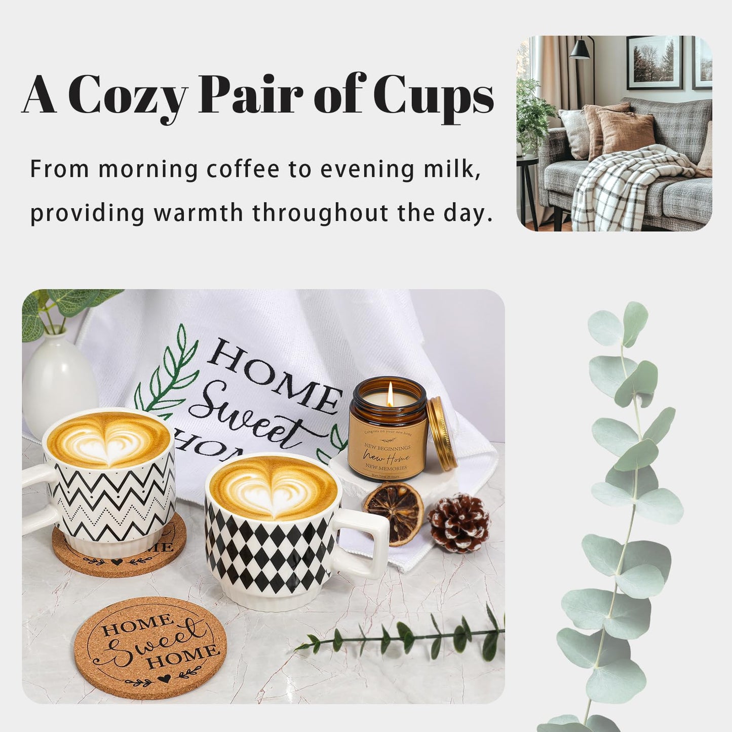 StoFurry Housewarming Gift Basket for New Home | 13 Pcs Kitchen Essentials Set with Ceramic Mugs, Measuring Spoons, Storage Basket | New Home Gift Ideas | Closing Gifts for Couples & Families