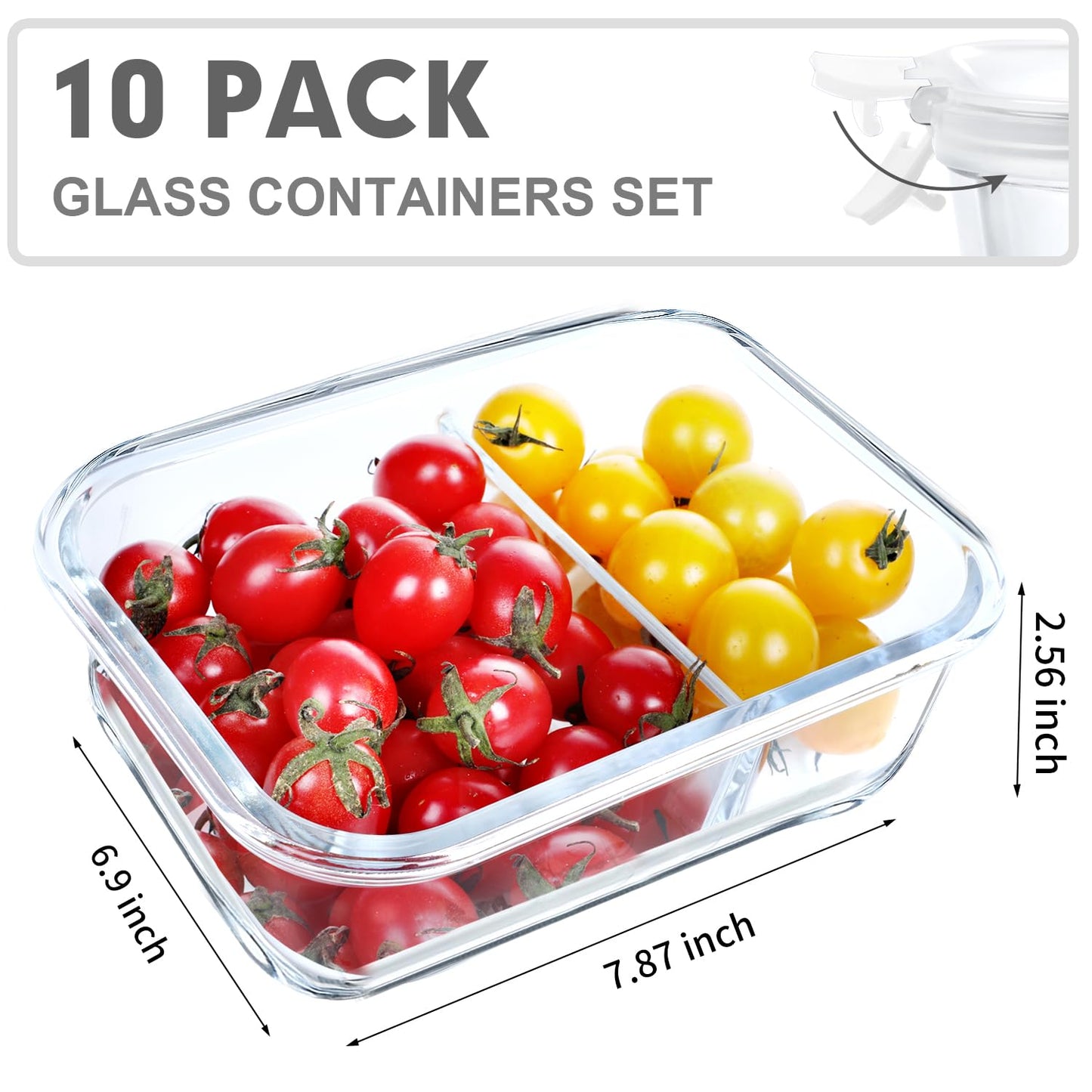 VERONES 10 Pack Glass Meal Prep Containers 2 Compartment Set, 30 OZ Airtight Glass Lunch Containers, Glass Food Storage Containers with Lids, for Microwave, Oven, Freezer & Dishwasher Friendly，White