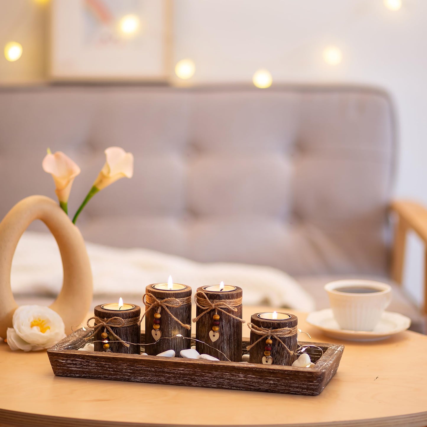 Farmhouse Coffee Table Decor Candle Holder - Romadedi Boho Wooden Tray with 4 Tealight Candles Holders for Tables Centerpiece Home Decorations Living Room Fireplace Kitchen