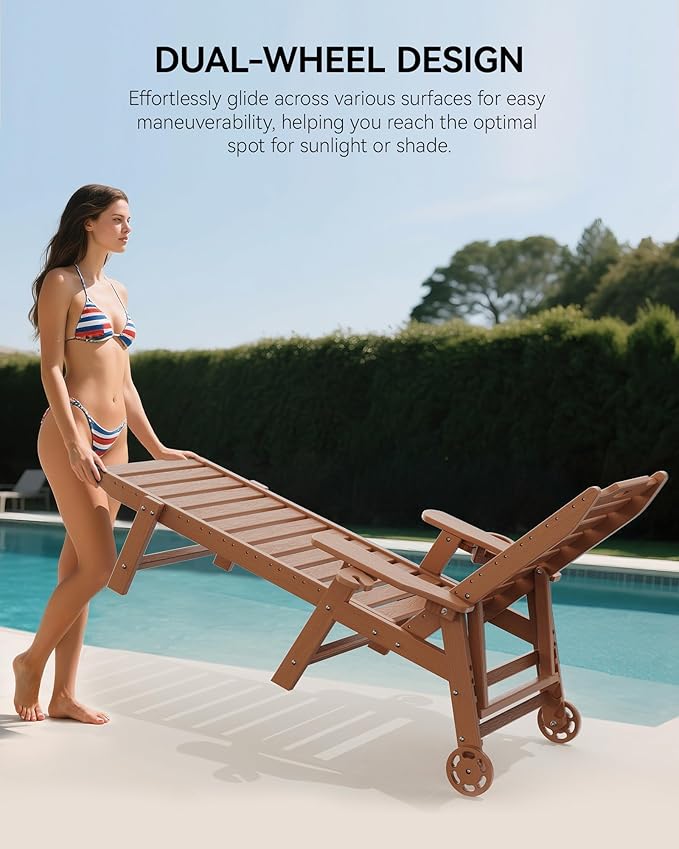 Carauci Lounge Chair Outdoor Set of 2, HDPE Chaise Lounge with Wheels, 5-Position Adjustable Backrest & 2 Cup Holders Patio Lounge Chair, All-Weather Pool Sun Lounger for Poolside, Backyard, Teak