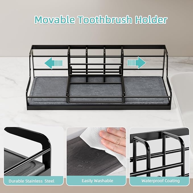 Toothbrush Holders, Bathroom Organizers and Storage with with Instant Drying Stone, 6 Slots Bathroom Accessories with Adjustable Toothpaste Holders, Bathroom Counter Organizer, Black