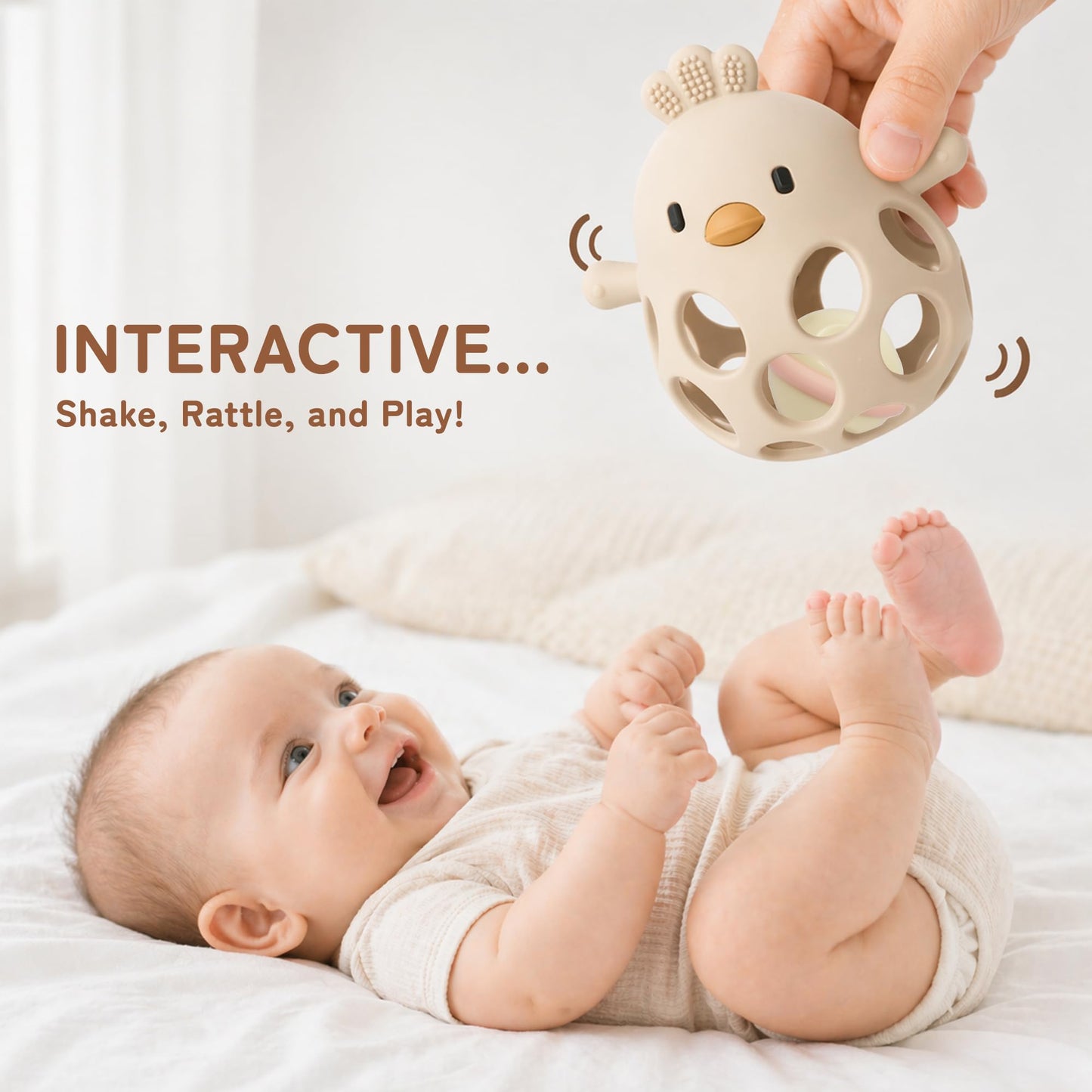 Tinabless 2-in-1 Baby Teether Rattle Toy, Easy Grip Silicone Teething Toy for Babies 3-12 Months, BPA-Free Sensory Chew Toy for Sore Gums, Infant Shower Gift (Beige w/Rattle)