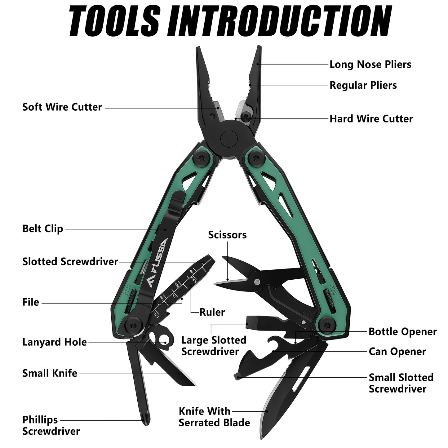 FLISSA 16-in-1 Multi Tool Pliers, Gifts for Men, Stainless Steel EDC Multitool with Pocket Knife, Belt Clip and Oxford Pouch, Self-locking Multipurpose Utility Multi-Tool for Camping Survival Outdoor