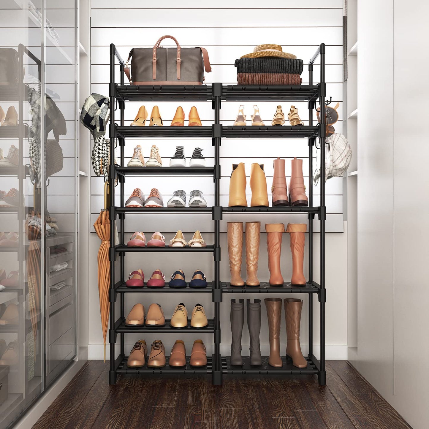 ROJASOP Shoe Rack Organizer, 8-Tier Metal Shoe Rack for Closet Entryway Garage, 26-32 Pairs Tall Shoe Boot Storage Shelf with 15 Hooks, Stackable Large Shoe Stand