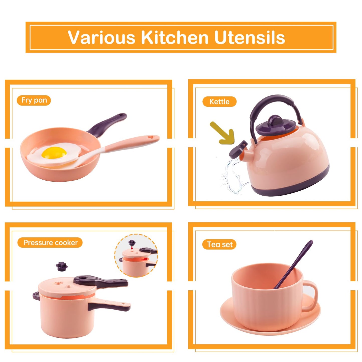 56Pcs Mini Play Kitchen Accessories for Kids, Pretend Cooking Playset with Cookware, Tableware & 2 Fruit Sets, Learning Gift for Girls, Boys, Toddlers, Pink