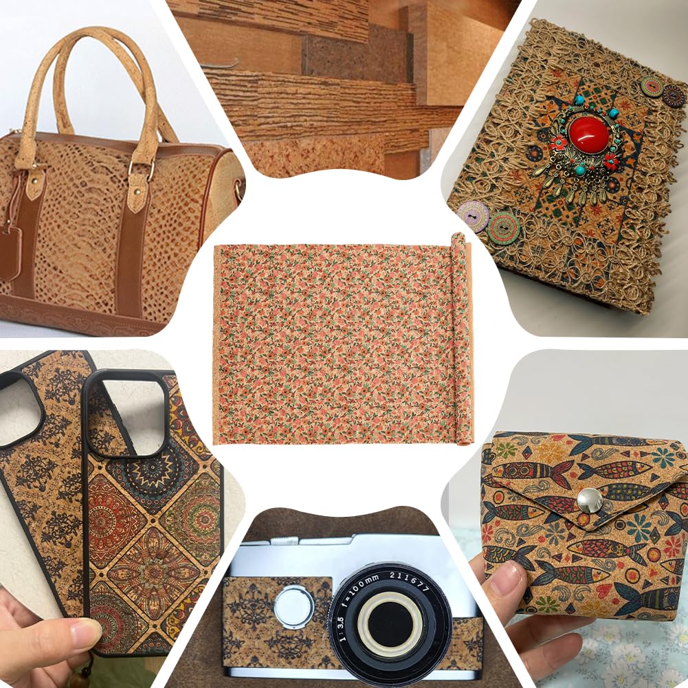 PH PandaHall Cork Fabric 53x19.7 Flower Pattern Soft Cork Sheets Retro Thin Cork Ribbon for Sewing Cork Faux Leather with Camellia Pattern for Wood Craft DIY Projects Pakaging Bag Laptop Case Making
