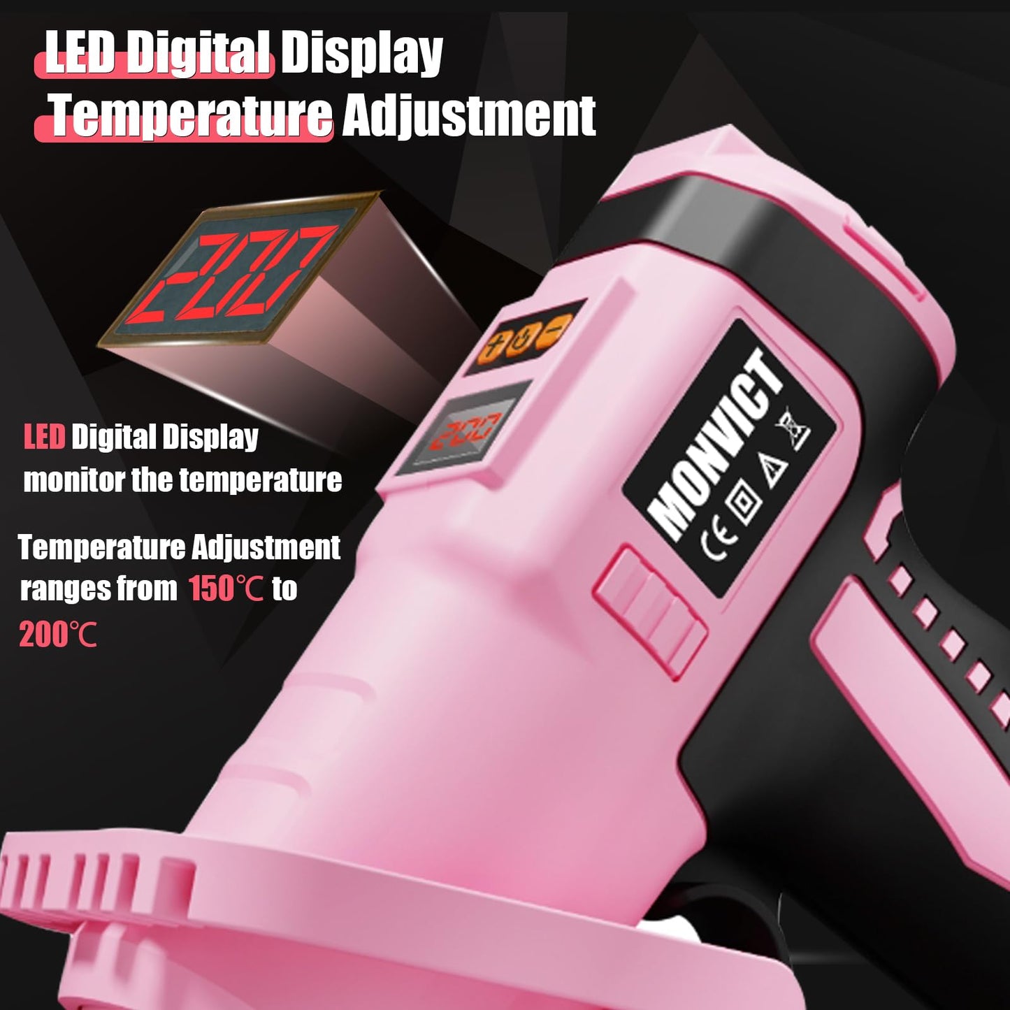 MONVICT 7.4V Cordless Hot Glue Gun with Holder Base, Digital Display Adjustable Temp, Smart Auto-Off, Silicone Pad, 2.6A Rechargeable Battery, Full Size Handheld Electric Power with 10 Glue Sticks