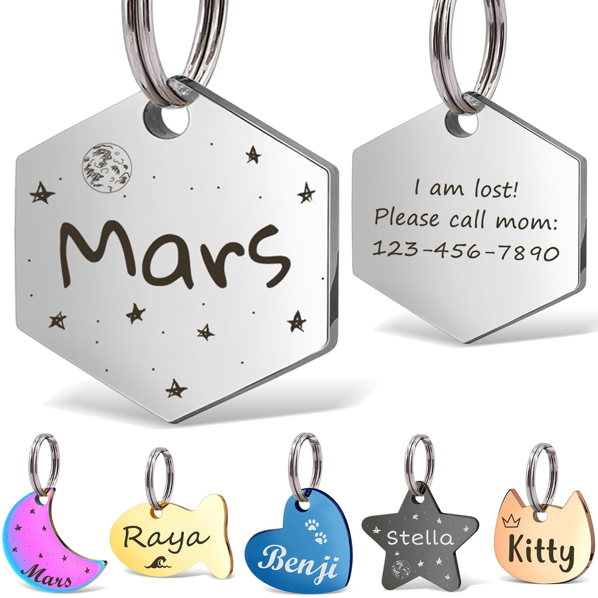 Anavia Small Size Dog Cat ID Tags, Small/XS Personalized Color Plated Stainless Steel Puppy Kitten Name Tags, Customized Engraved Nameplate Pet Collar Tag (Blue, Star)