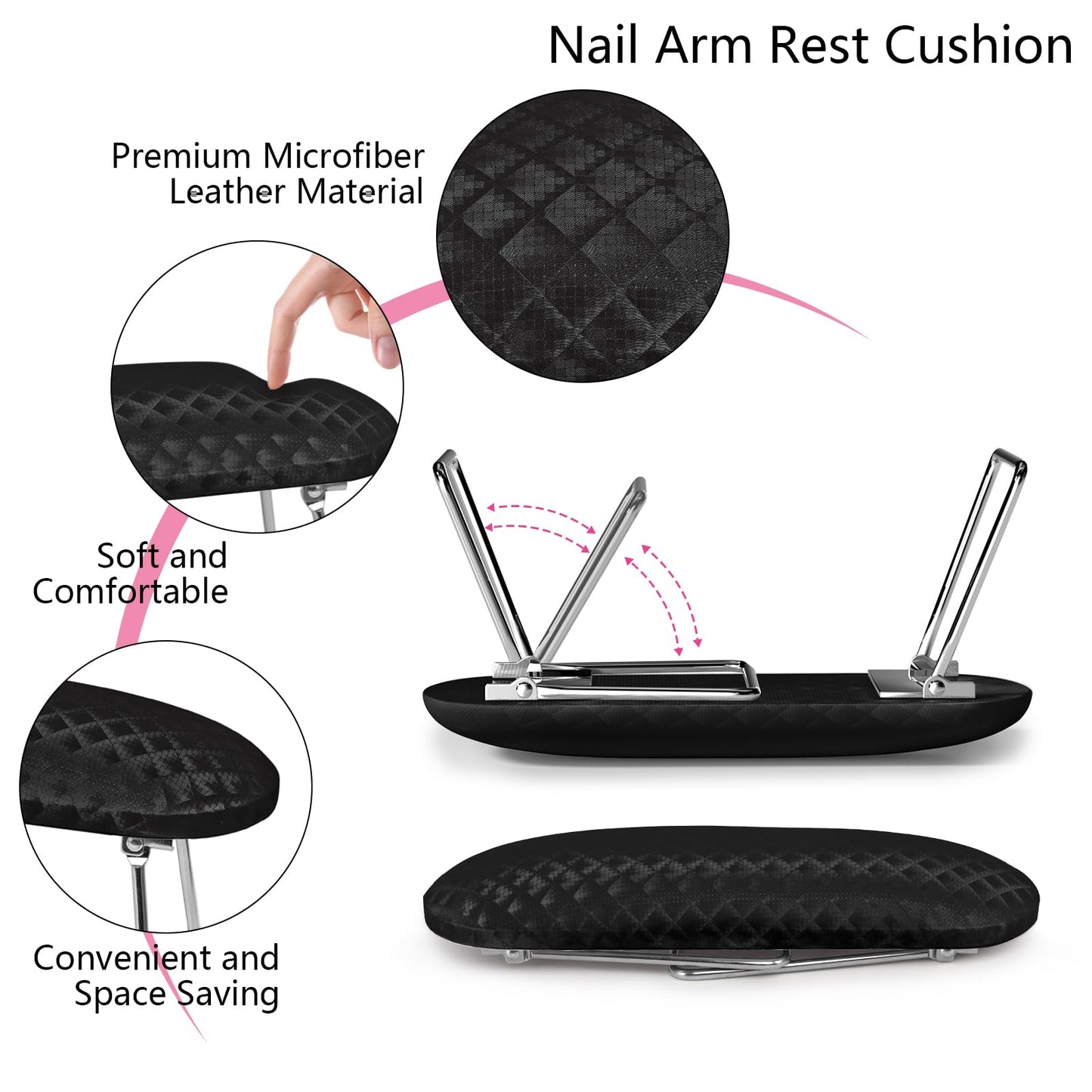 Krofaue Arm Rest for Nails Tech, Professional Microfiber Leather Nail Hand Rest Stand Arm Rest for Acrylic Nails Cushion Hand Holder with Non-slip - Nail Technician Use Must Have (Black)
