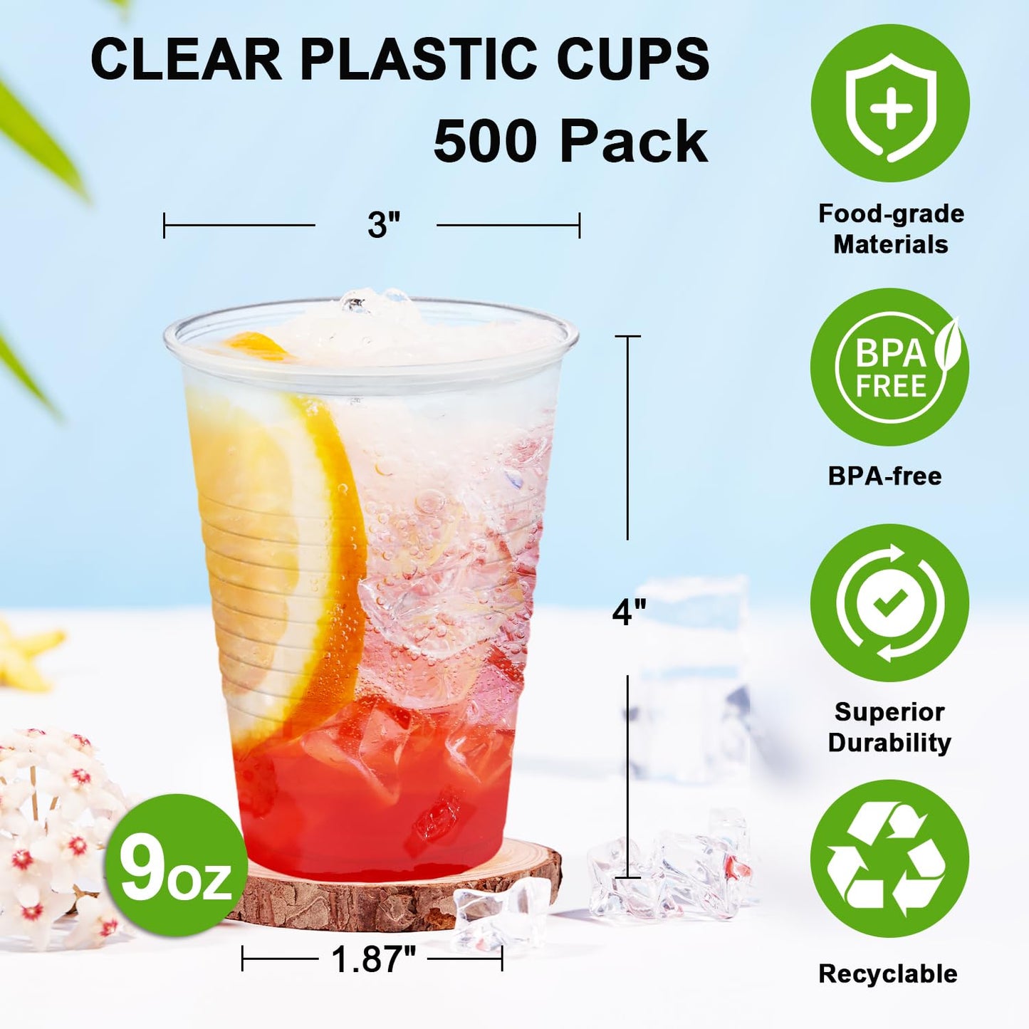 Clawsoff 500 Pack 9 oz Plastic Cups, Disposable Drinking Cups, Water Cups Plastic Clear Cups for Party, Wedding, Graduation, Travel, Holiday, Events, Birthday,Cold,Hot