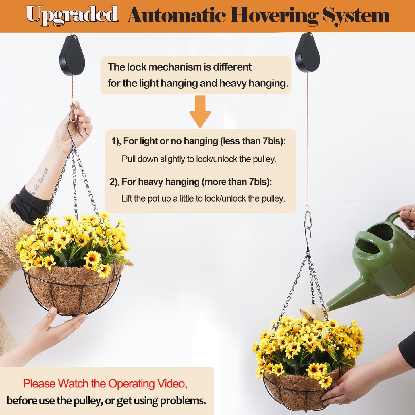 WROSWT Upgraded Retractable Plant Hanger,Plant Pulleys for Hanging Plants,Easy to Raise and Lower,Auto Lock,Heavy Duty, Adjustable Hook for Garden Baskets Pots,Birds Feeder,(3Pcs,Black)