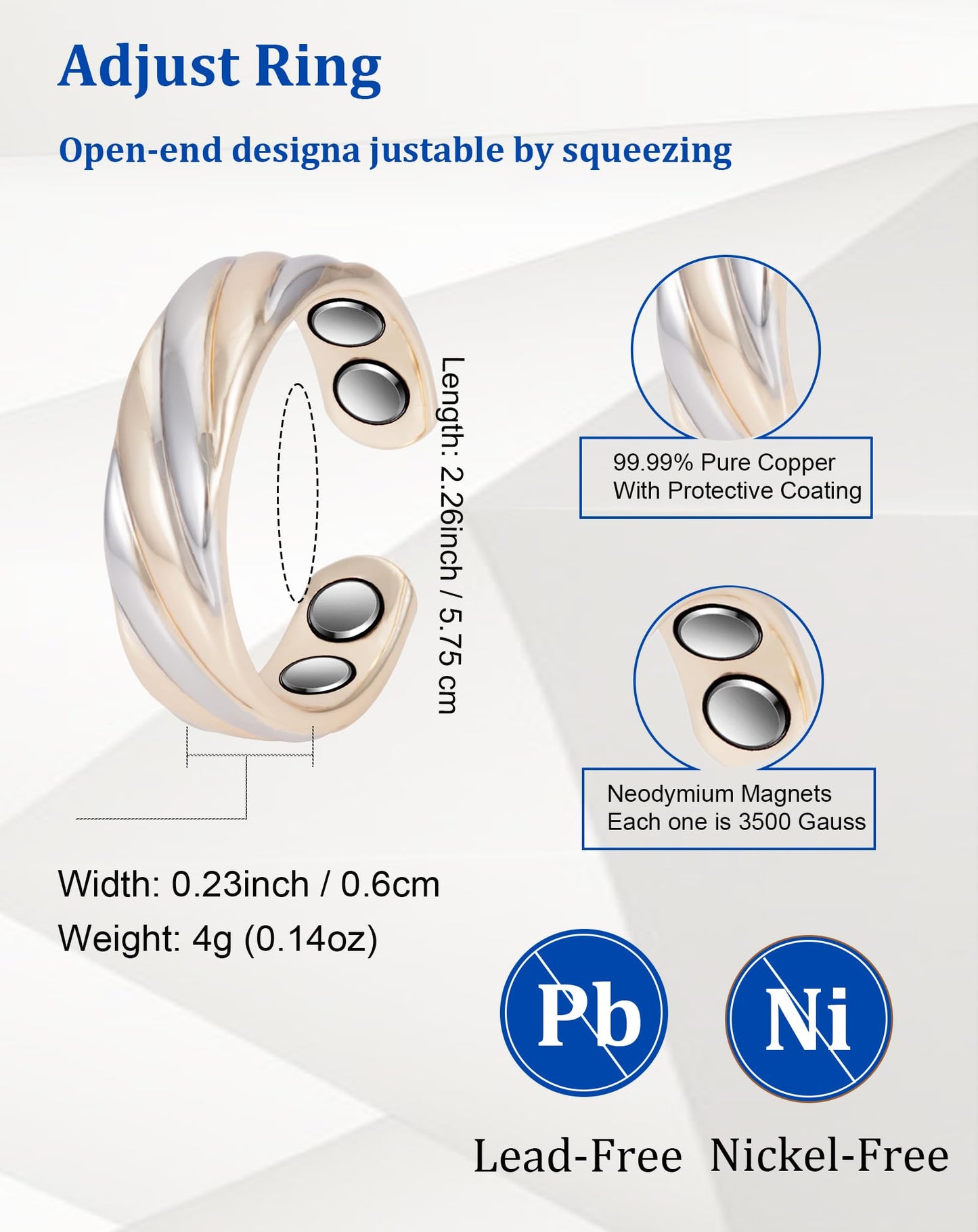 MagSølv Copper Rings for Women, 2PCS Set Pure Copper Adjustable Magnetic Ring, Two-Tone Gold Jewelry