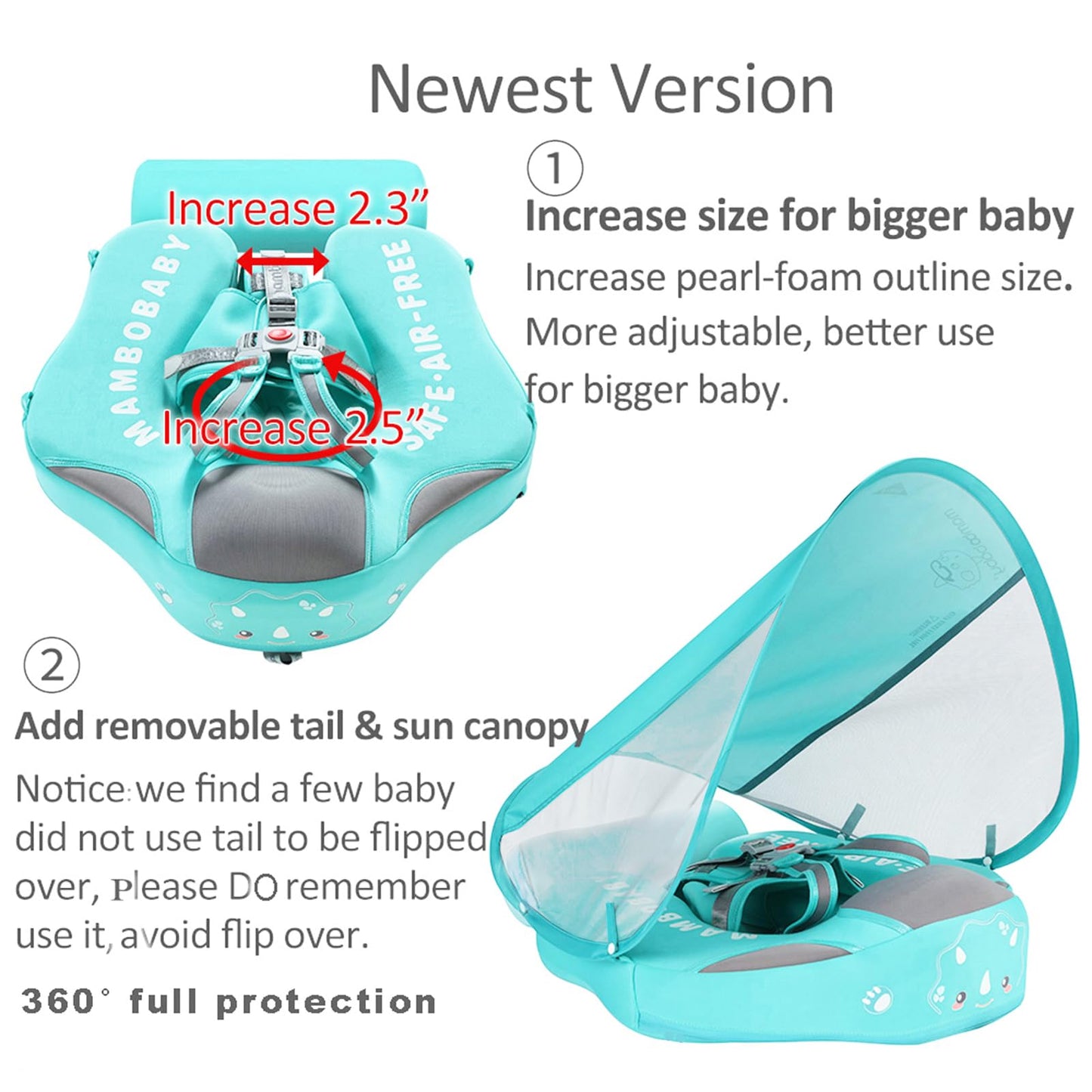 Mambobaby Float with Canopy and Tail New Upgraded Non-Inflatable Baby Pool Float Mambo Float Swim Trainer Solid Infant Swim Float Adjustable Pearl Foam Baby Swim Ring