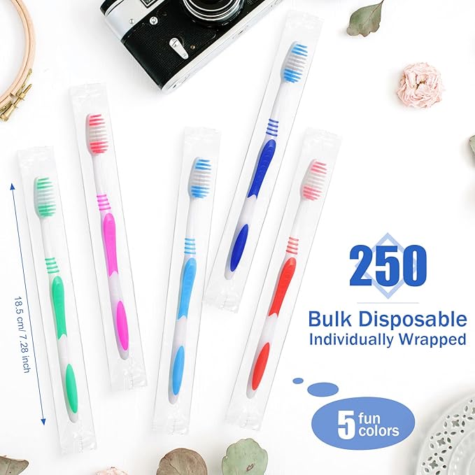 Honeydak 250 Packs Individually Wrapped Toothbrushes Disposable Bulk Toothbrushes Soft Bristle Tooth Brush Manual Travel Toothbrush Rubber Handle Multi Color Toothbrush for Adults