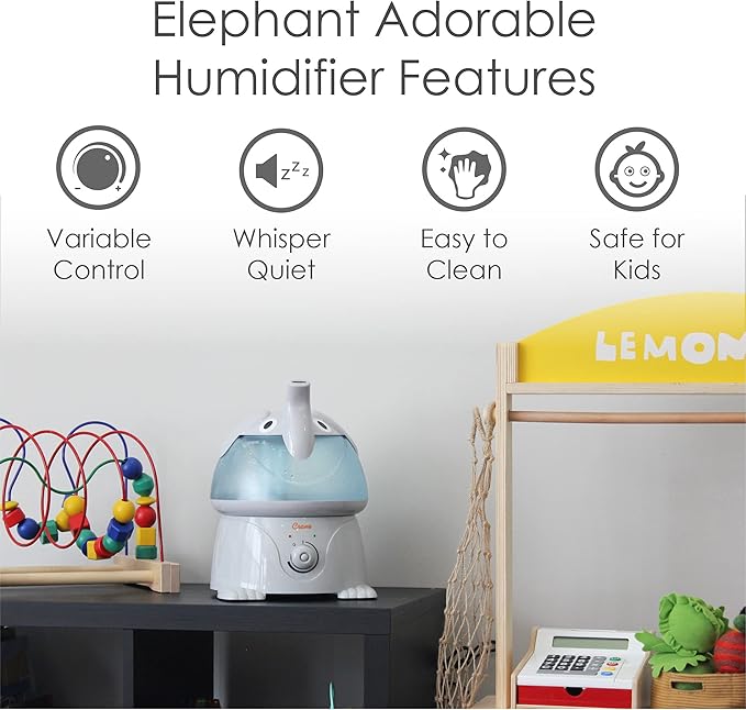 Crane Ultrasonic Elephant Humidifier, 1 Gallon Cool Mist Animal Humidifier for Nursery and Bedroom, Auto Shut-Off, Optional Filter