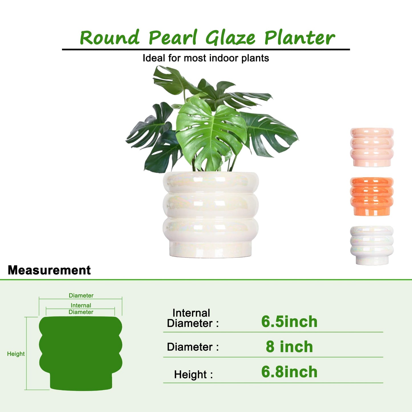 YFFSRJDJ 8 Inch Ceramic Plant Pots for Indoor Plants, White Flower Pot, Rainbow Pearl Glaze Planter with Planters for Plants with Drainage Hole