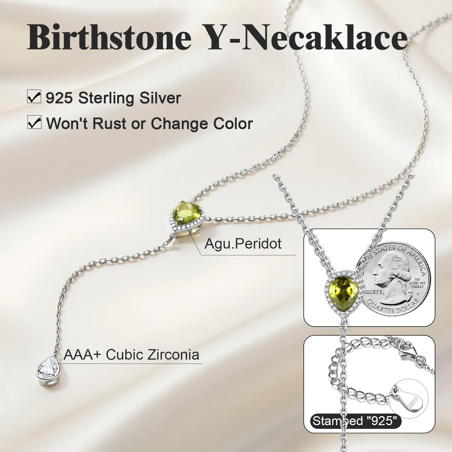 FOCALOOK 925 Sterling Silver CZ Teardrop Lariat Necklace 16"-18" Y Drop Adjustable Birthstone Necklaces for Women