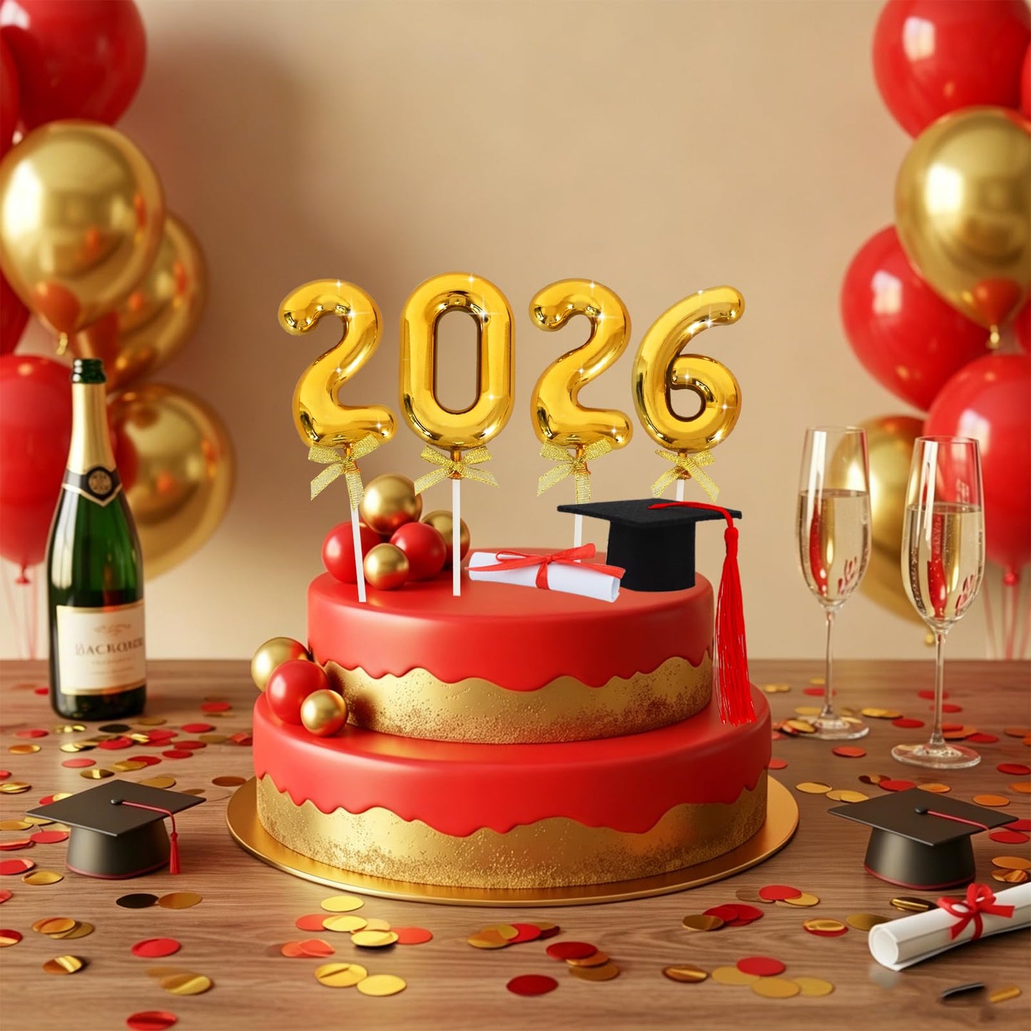 BEISHIDA Graduation Cake Toppers - 2026 Graduation Cupcake Congrats Grad Cake Decorations with Cap Diploma Balls for 2026 High School College Party Supplies（Red Gold）