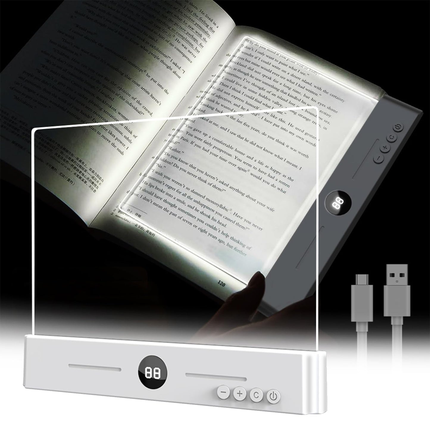 ECHBX Smart Flat Book Light, Rechargeable Clear LED Reading Light with 3 Colors & Timer, Dimmable Full Page Panel Plate Lamp, Kids Eye Protection for Night Reading in Bed
