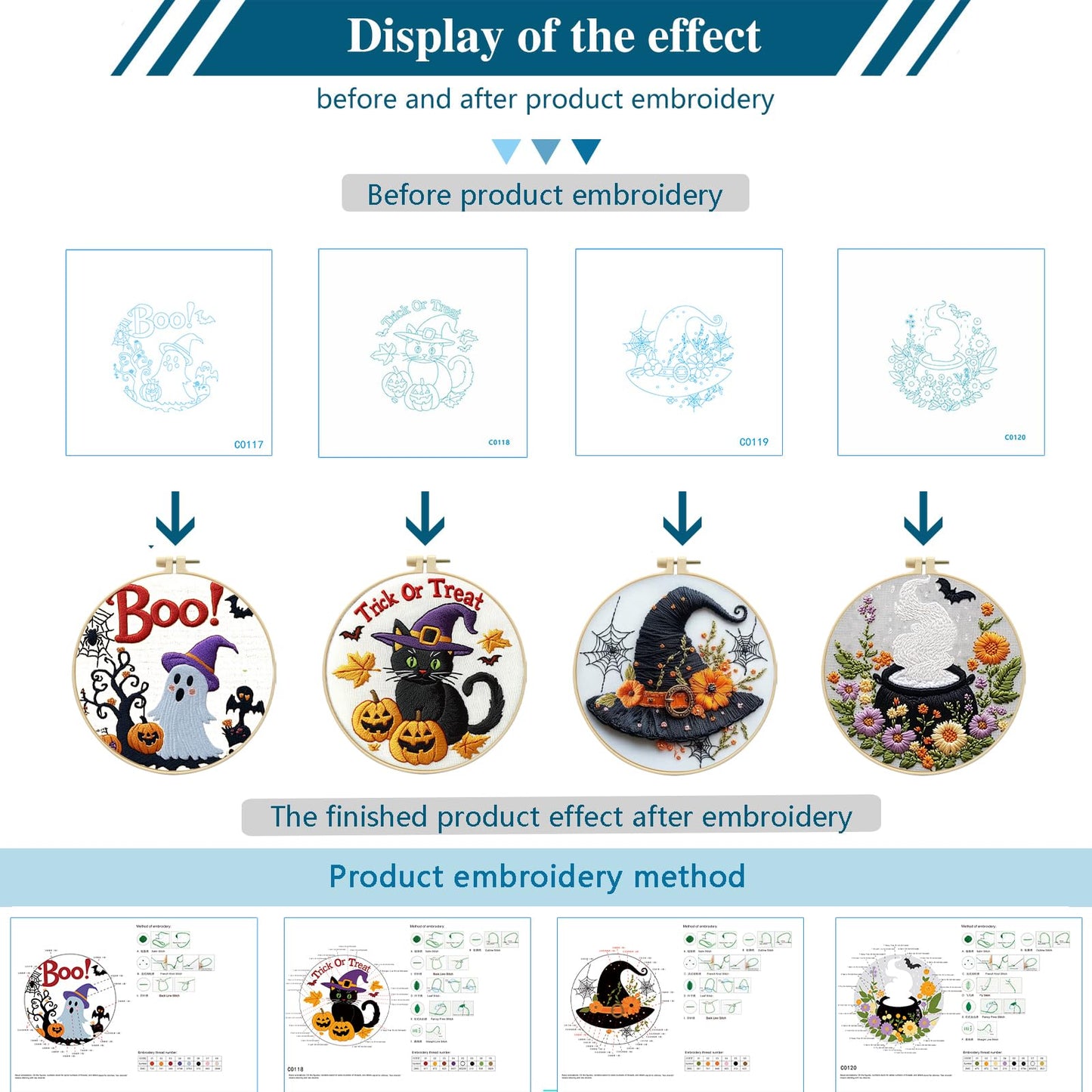 Zhenqing 4-Piece Halloween Embroidery Kit for Beginners - Spooky Ghost, Witch Hat, Black Cat & Cauldron Designs with Pre-Printed 29x29cm Cotton Fabric, Hoop, Threads & Tools(C0165)