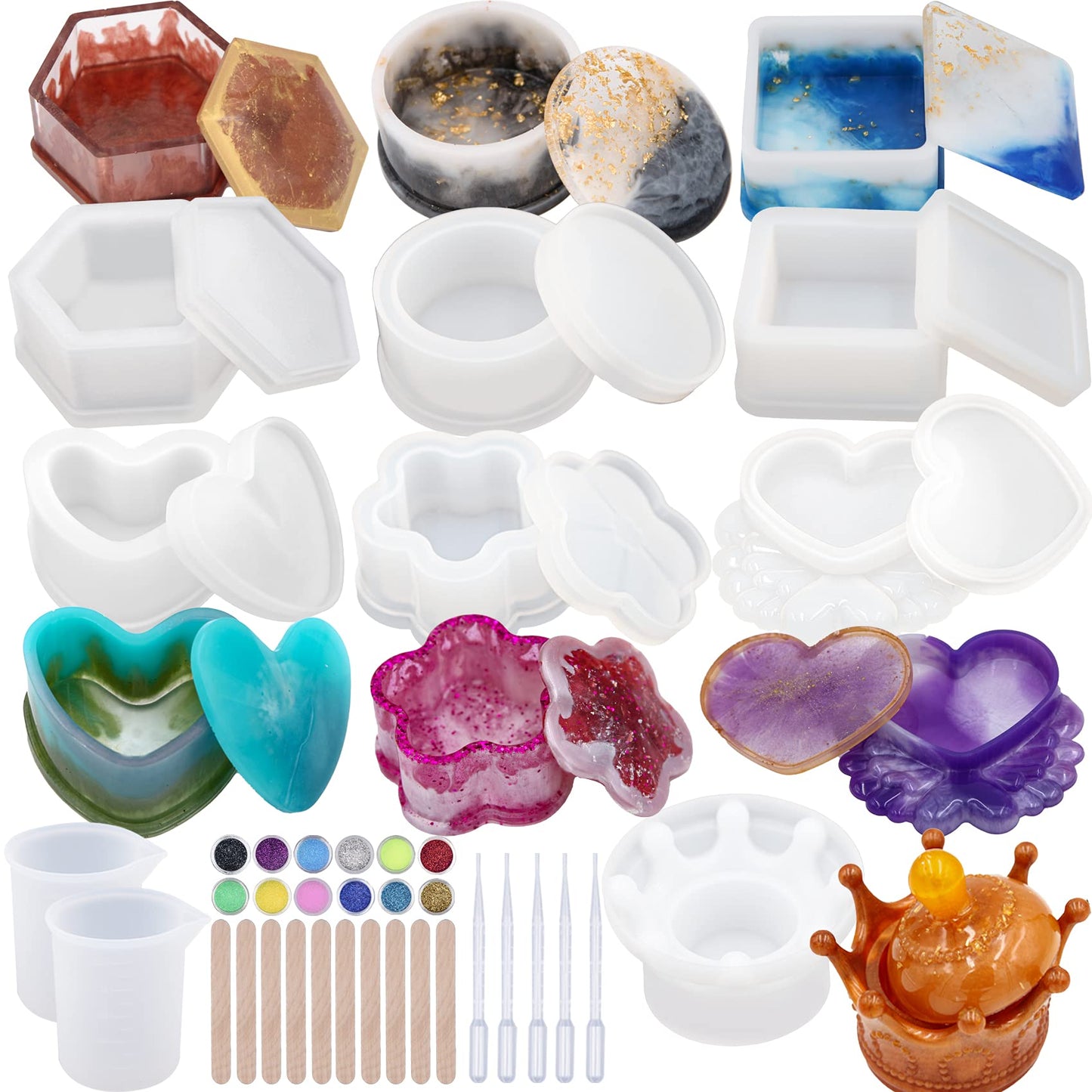 EuTengHao Resin Molds 43Pcs Silicone Molds for Resin, Epoxy Crown Shape Mold Heart Shape Mold with Mica Powder for Storage Box Jewelry Trinket Container DIY Resin Casting Crafts