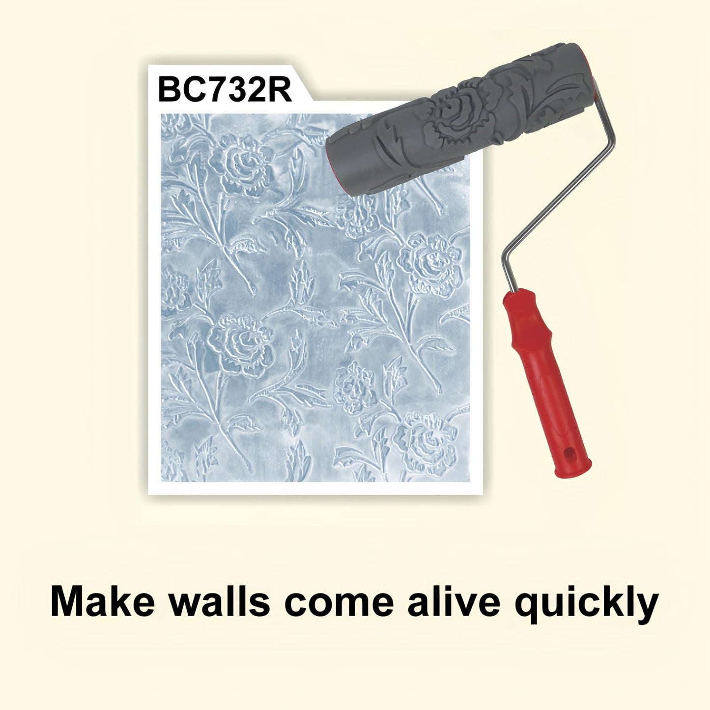 BANCOO 10'' Rubber Graceful Lively Floral Texture Embossed Roller – DIY Textured Wall Decor Tool for Home Renovation & Household Art Craft (BC732L)