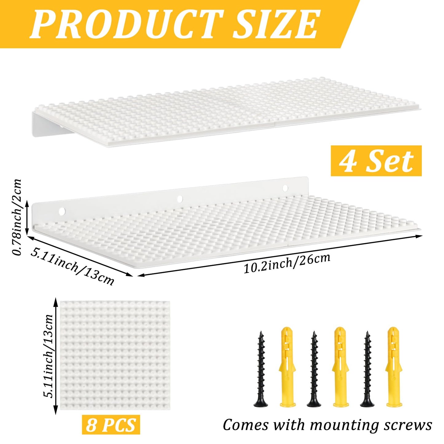 4 Pack Display Shelves for Building Bricks, Display Case Compatible with Brick Building Baseplate, Metal Floating Magnetic Display Cabinet Wall Mounted, Works with Major Building Blocks (4-White)