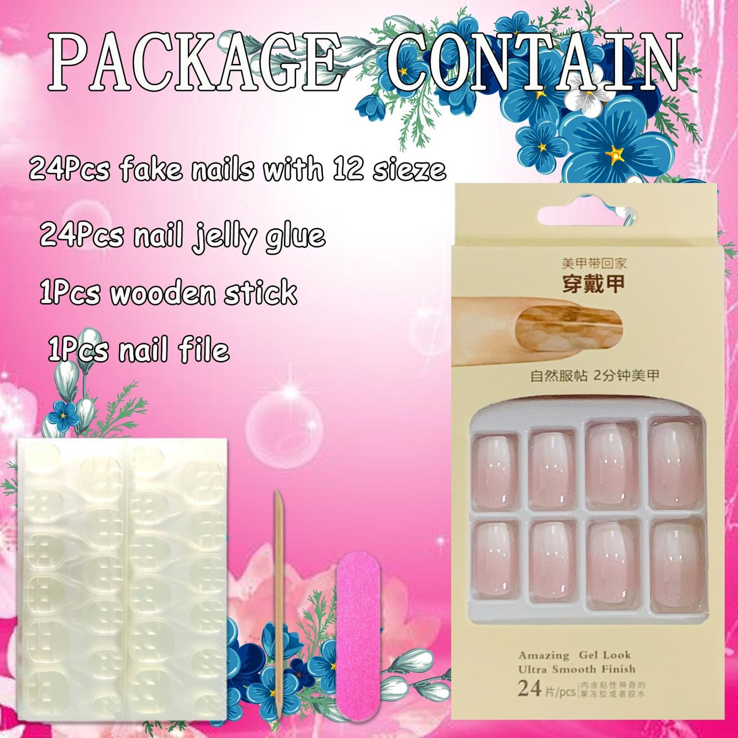 Pink Press on Nails Square Medium 24Pcs Glossy Full Cover Artificial French Tips Fake Nails with Designs Reusable Coffin Acrylic False Nails Glue Stick on Fingernails with Charm for Women